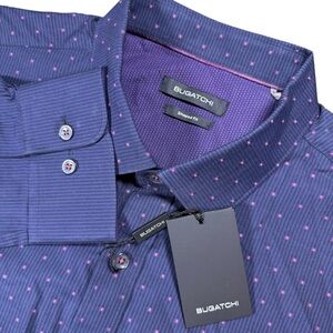 Bugatchi Men’s XXL Shaped Fit‎ Long Sleeve Shirt Navy Stripes Pink Dots NWT